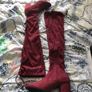 Burgundy suede knee high boots